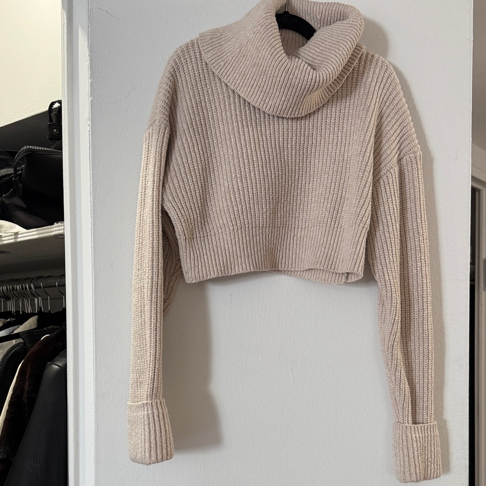 Ronny Kobo Cream Cropped Cowl Neck Sweater XS
